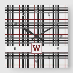 Relógio Quadrado Black White and Red Plaid Clock