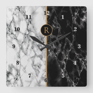 Relógio Quadrado Black & White Marble Stone - Personalizable -