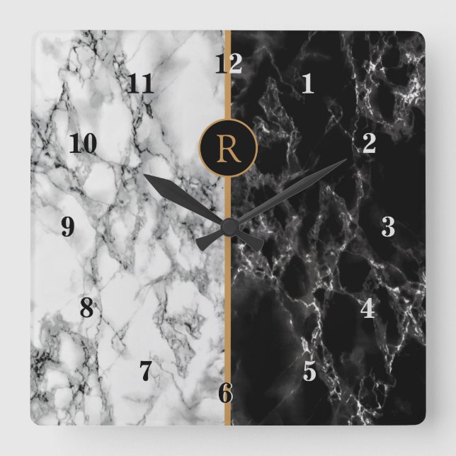 Relógio Quadrado Black & White Marble Stone - Personalizable - (Frente)