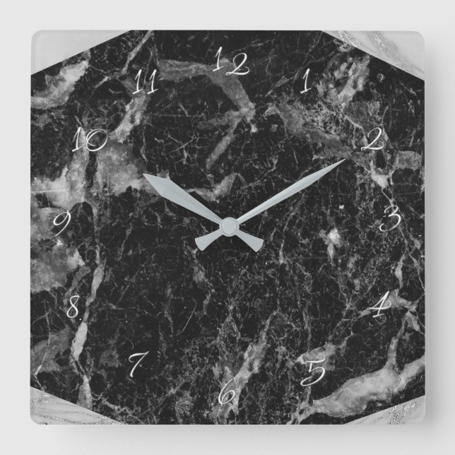 Relógio Quadrado Black White & Silver Marble Modern Glam (Frente)