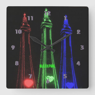 Relógio Quadrado Blackpool Lindas Luzes Torre, Vermelho, Verde, 