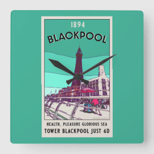 Relógio Quadrado  Blackpool Seaside Resort England Vintage Art    