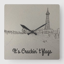 Relógio Quadrado Blackpool Tower It's Cracking Flags arte original