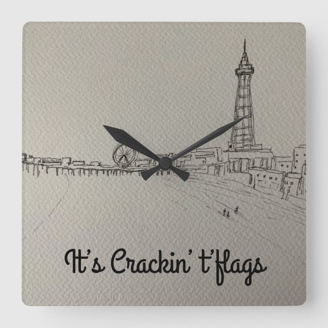 Relógio Quadrado Blackpool Tower It's Cracking Flags arte original (Frente)