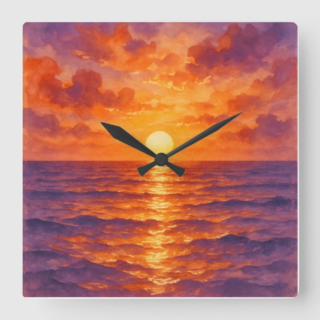 Relógio Quadrado Blazing Sunset - Vibrant Watercolor Painting Style (Frente)