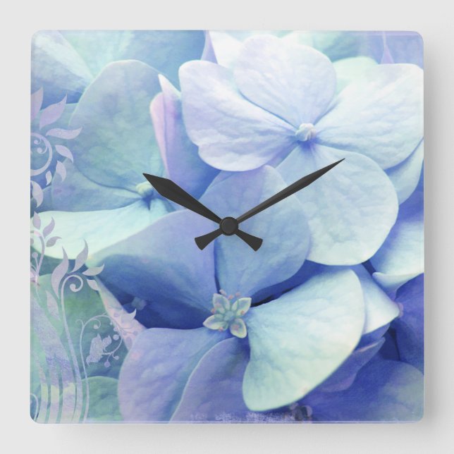 Relógio Quadrado Bliss hydrangea wall clock blue aqua periwinkle (Frente)