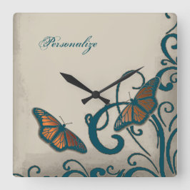 Relógio Quadrado Bloqueio de Parede da Borboleta Teal