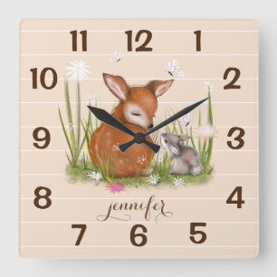 Relógio Quadrado Bloqueio de Parede de Borboletas Bunny Bunny Fawn
