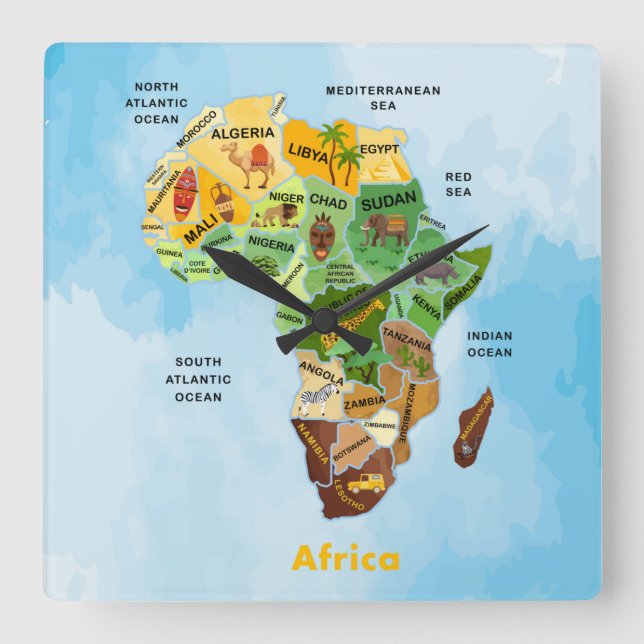 Relógio Quadrado Bloqueio de Parede do Mapa Africano (Frente)