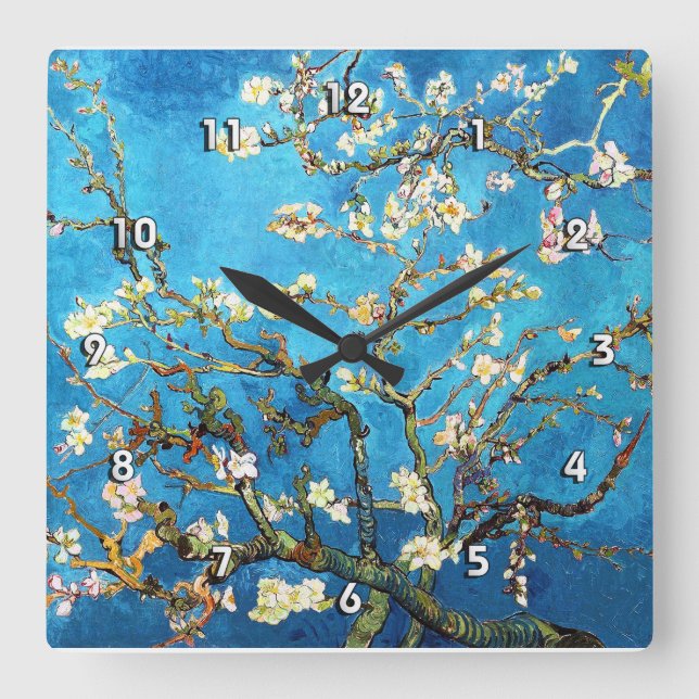 Relógio Quadrado Blossoming Almond Tree Van Gogh Fine Art (Frente)
