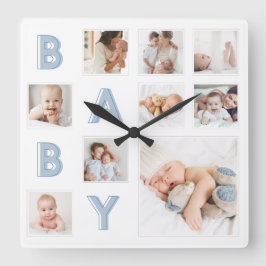 Relógio Quadrado Blue Baby Letters Newborn Baby Photo Grid Collage