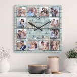 Relógio Quadrado Blue Beach Driftwood Planks Russo Náutico<br><div class="desc">Crie facilmente o seu próprio relógio de parede, ao estilo da casa do lago, rústico e azul, com as suas fotos personalizadas. O modelo usa um filtro de fotos para criar uma aparência mais coordenada. Para obter os melhores resultados, recorte as imagens para o quadrado - com o ponto de...</div>