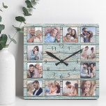 Relógio Quadrado Blue Beach Driftwood Planks Russo Náutico<br><div class="desc">Crie facilmente o seu próprio relógio de parede, ao estilo da casa do lago, rústico e azul, com as suas fotos personalizadas. O modelo usa um filtro de fotos para criar uma aparência mais coordenada. Para obter os melhores resultados, recorte as imagens para o quadrado - com o ponto de...</div>
