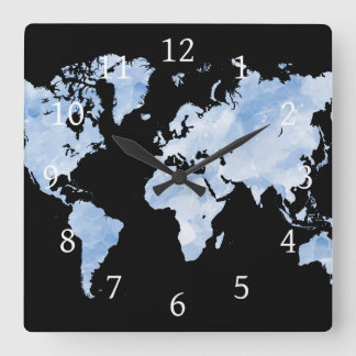 Relógio Quadrado Blue Black World Map Design 75