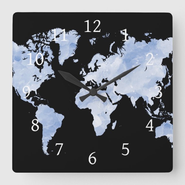Relógio Quadrado Blue Black World Map Design 75 (Frente)