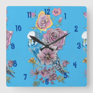 Relógio Quadrado Blue Budgie Watercolor Azure Womans Office Clock