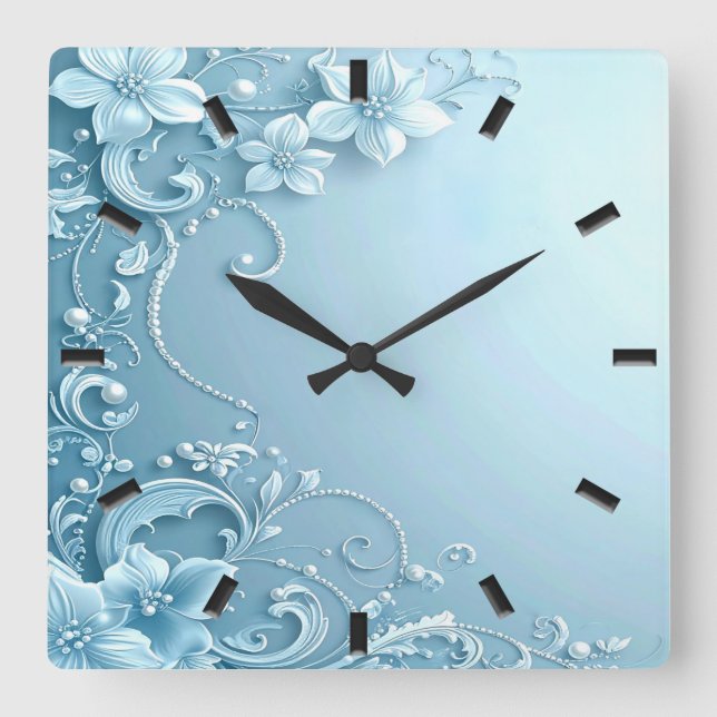 Relógio Quadrado Blue Decorative Floral Wall Clock (Frente)