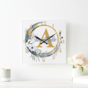 Relógio Quadrado Blue Floral Boho Personalizado e Inicial