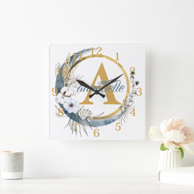Relógio Quadrado Blue Floral Boho Personalizado e Inicial (Lar)