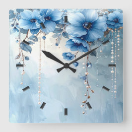 Relógio Quadrado Blue Flowers and Pearls Wall Clock