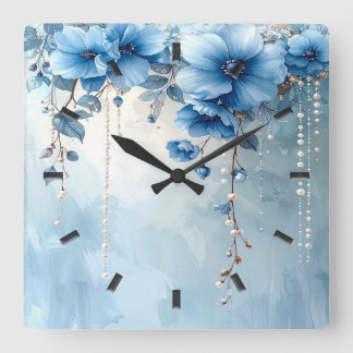 Relógio Quadrado Blue Flowers and Pearls Wall Clock