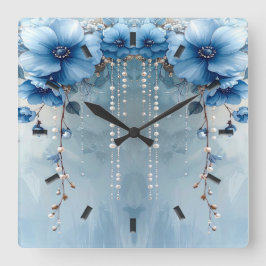 Relógio Quadrado Blue Flowers and Pearls Wall Clock