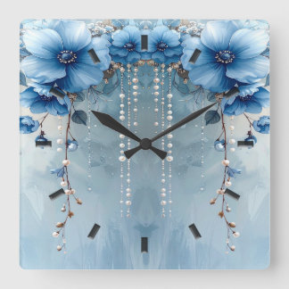 Relógio Quadrado Blue Flowers and Pearls Wall Clock