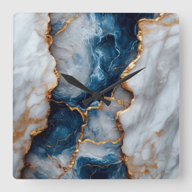 Relógio Quadrado Blue & Gold Marble Square Wall Clock  (Frente)