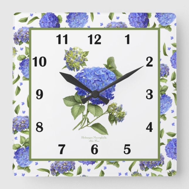 Relógio Quadrado Blue Hydrangea Botanical Art Square Wall Clock (Frente)