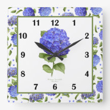 Blue Hydrangea Botanical Art Square Wall Clock