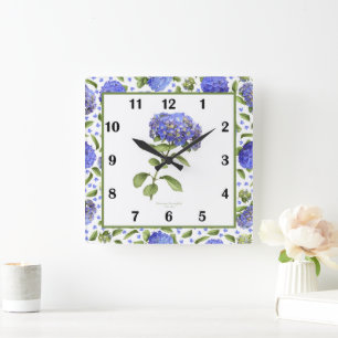 Relógio Quadrado Blue Hydrangeas Botanic Art Wall Clock