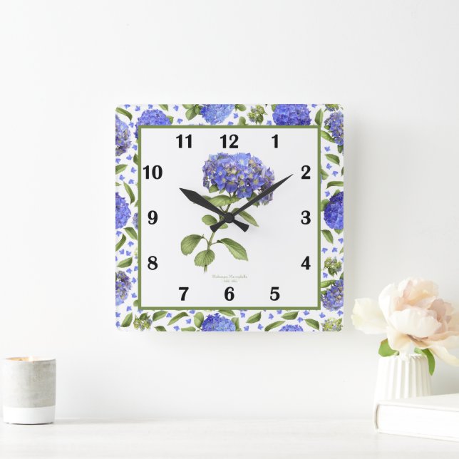Relógio Quadrado Blue Hydrangeas Botanic Art Wall Clock (Lar)