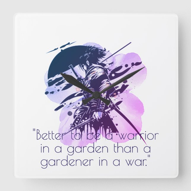 Relógio Quadrado Blue Ink Samurai Warrior & Custom Quote Wall Clock (Frente)