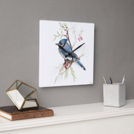 Relógio Quadrado Blue Jay Bird Watercolor Art Square