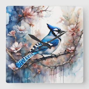 Relógio Quadrado Blue Jay Cherry Blossoms aquarela