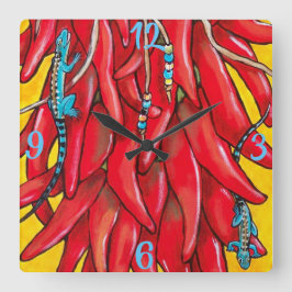 Relógio Quadrado Blue Lizard Red Chili Chile Pepper Clock Sudoeste