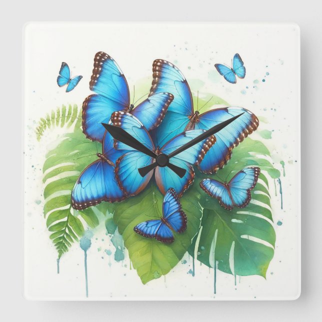Relógio Quadrado Blue Morpho Butterflies Gathering REF256 - Waterco (Frente)