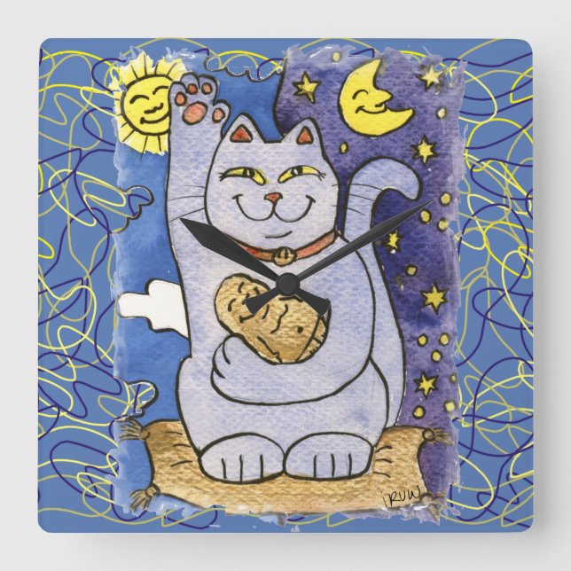 Relógio Quadrado Blue Neko com Buda no Travesseiro Dourado (Frente)