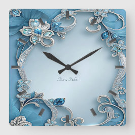 Relógio Quadrado Blue Ornate Floral Wall Clock