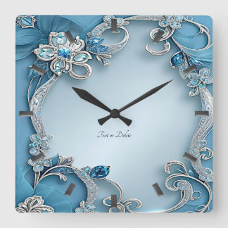 Relógio Quadrado Blue Ornate Floral Wall Clock