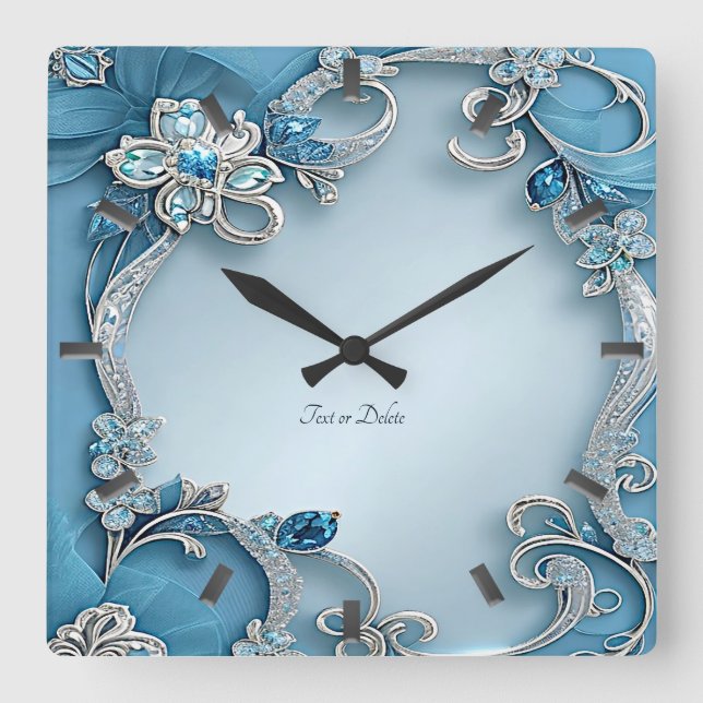 Relógio Quadrado Blue Ornate Floral Wall Clock (Frente)