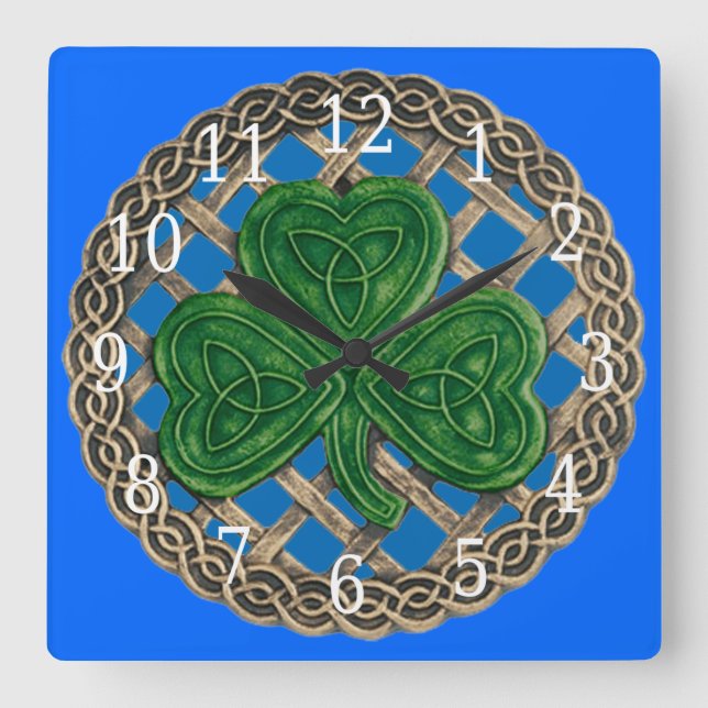 Relógio Quadrado Blue Shamrock And Celtic Knots Square Clock (Frente)