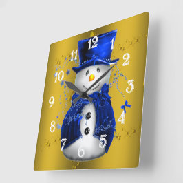Relógio Quadrado Blue Snowman no Dourado Natal
