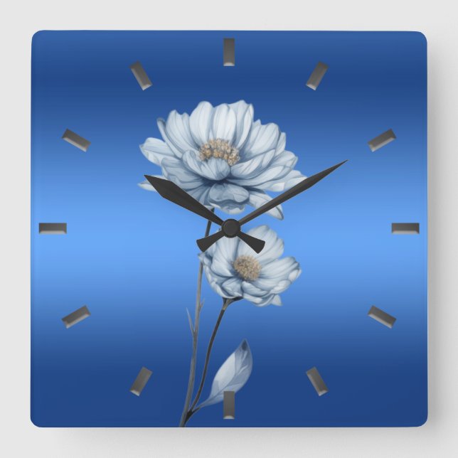 Relógio Quadrado Blue Watercolor Flowers Wall Clock (Frente)