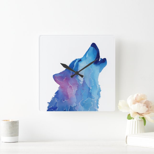 Relógio Quadrado Blue watercolor wolf howling (Lar)