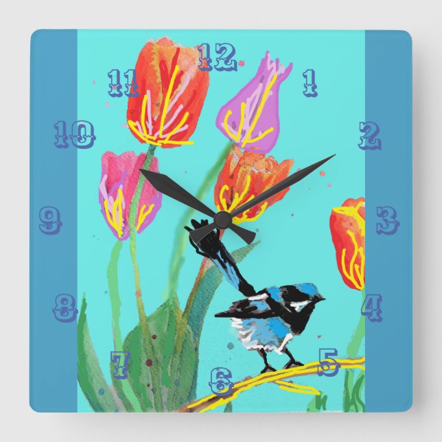 Relógio Quadrado Blue Wren Watercolor Bird Childrens Room Clock (Frente)
