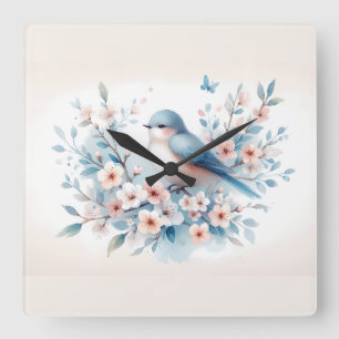 Relógio Quadrado Bluebird Blossom Aquarela Serenidade