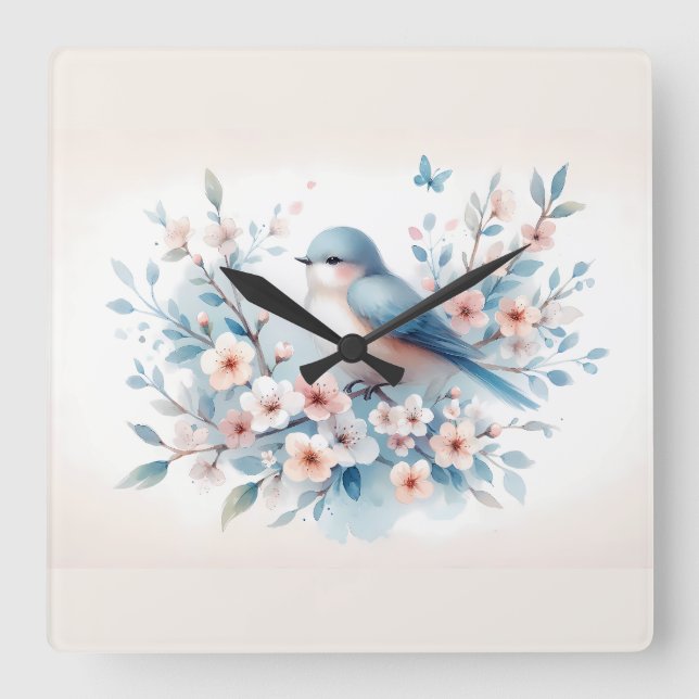 Relógio Quadrado Bluebird Blossom Watercolor Serenity (Frente)