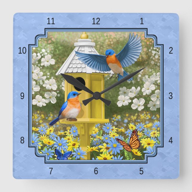 Relógio Quadrado Bluebird e Hexagon Birdhouse Blue (Frente)