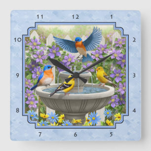 Relógio Quadrado Bluebird Goldfinches Flor Garden Fountain Blue